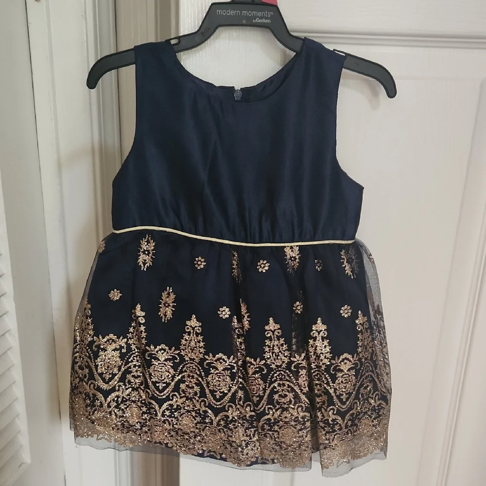 Rare Editions Navy and Gold Dress with Plush Shrug Diaper Cover Panty 24 Months